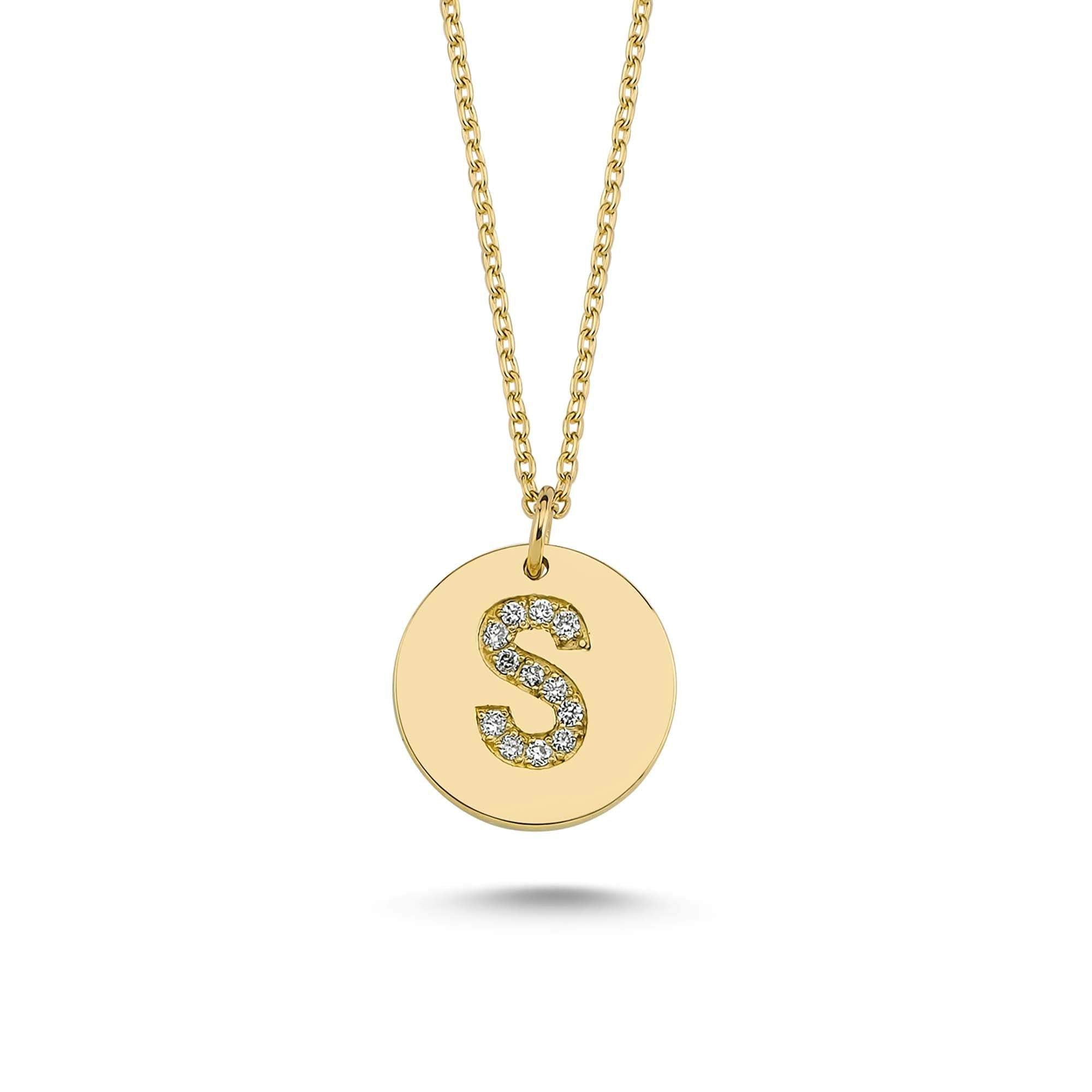 Solid Gold Circle Pendant Necklace with Diamond Initial S