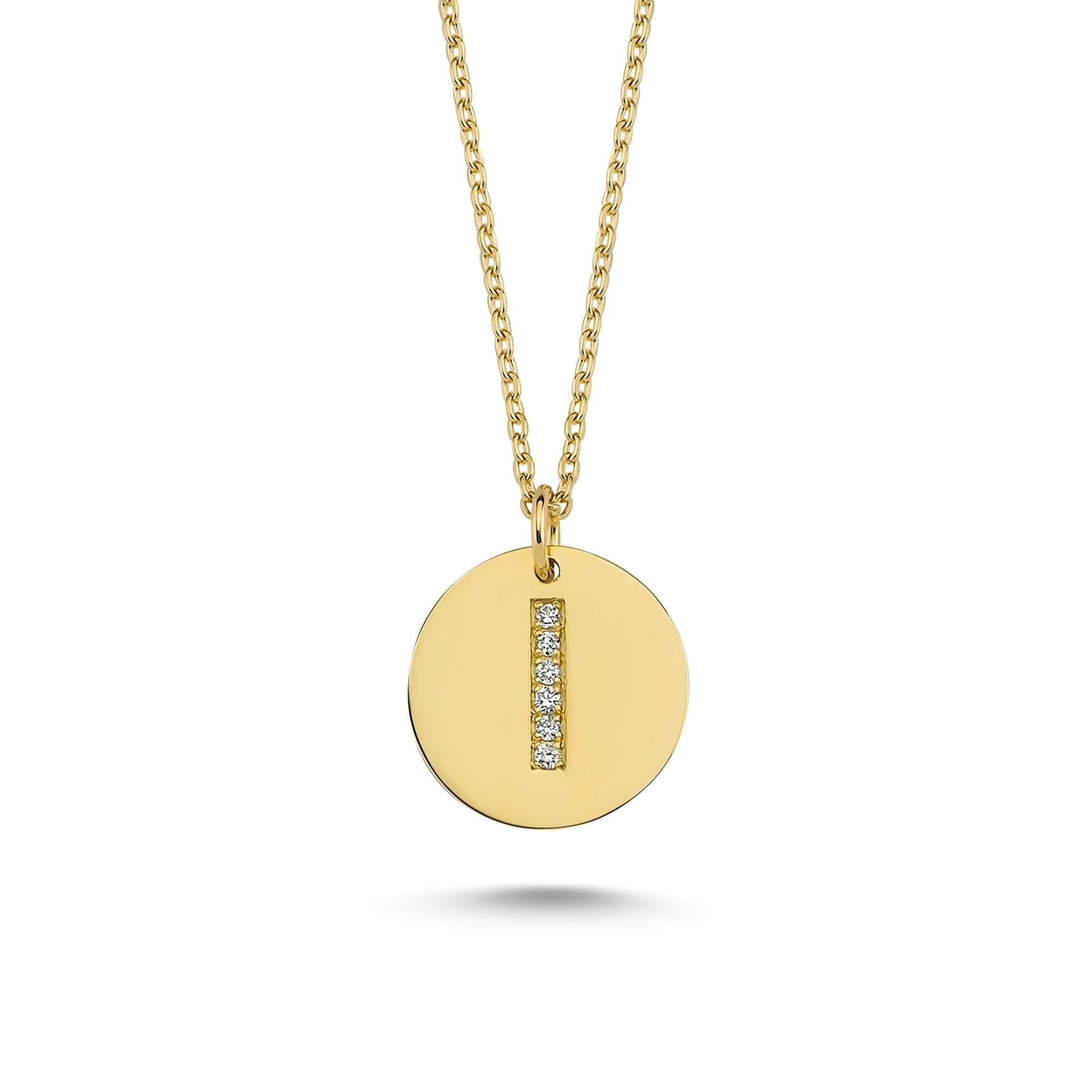 Solid Gold Disc Pendant Necklace with Diamond Letter I