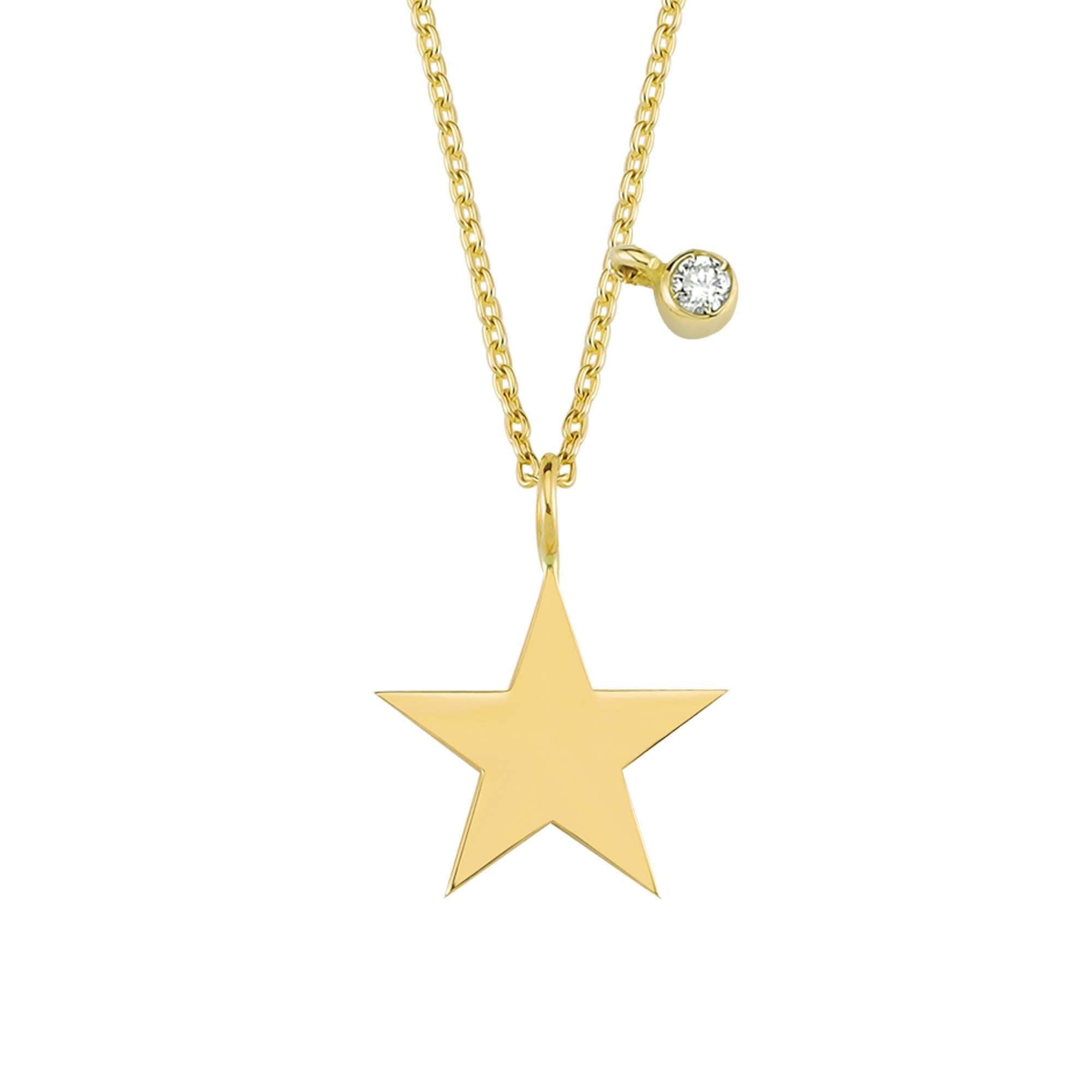 Thin Gold Star Charm Necklace with Real Diamond