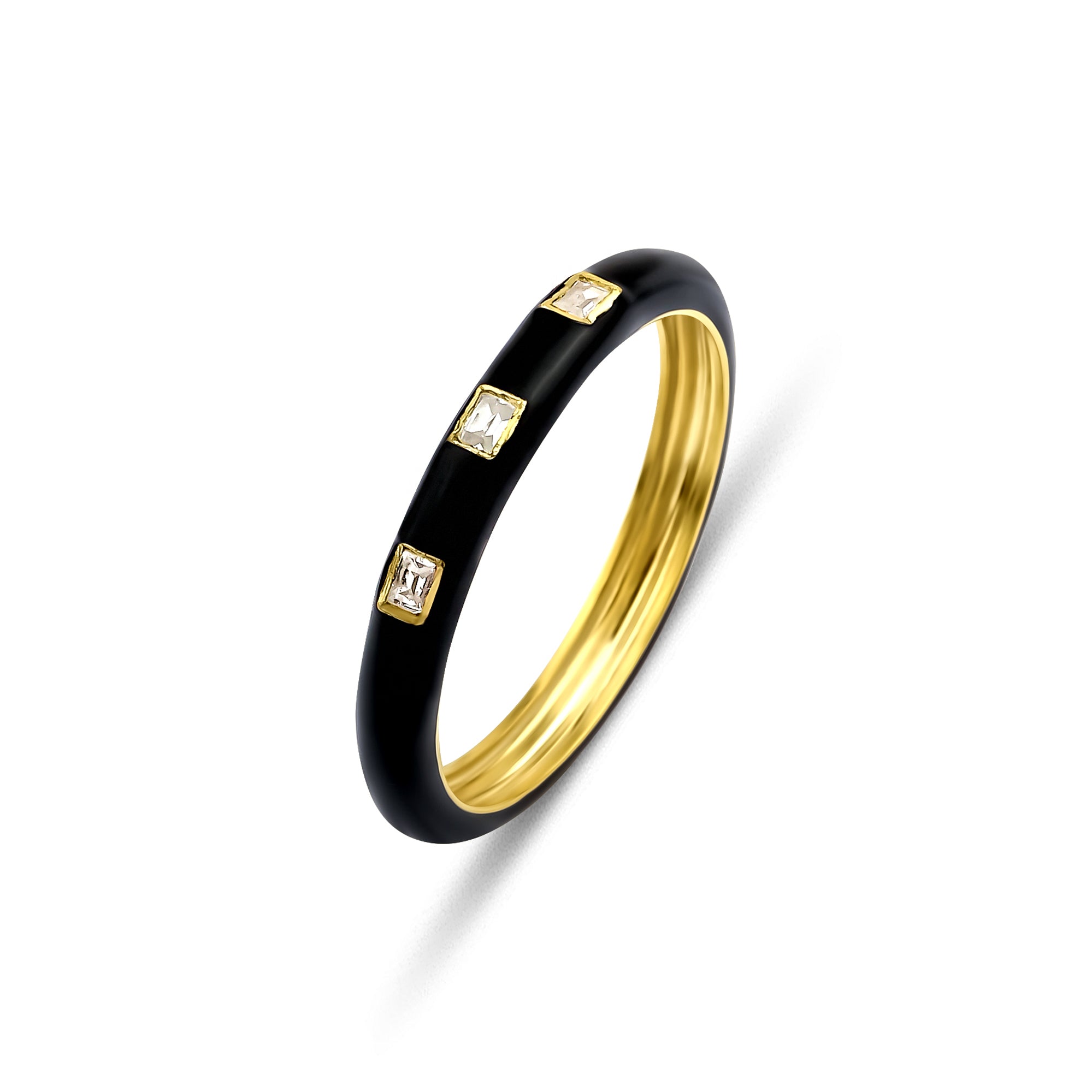 Three Natural Baguette Diamond Enamel Ring in Gold