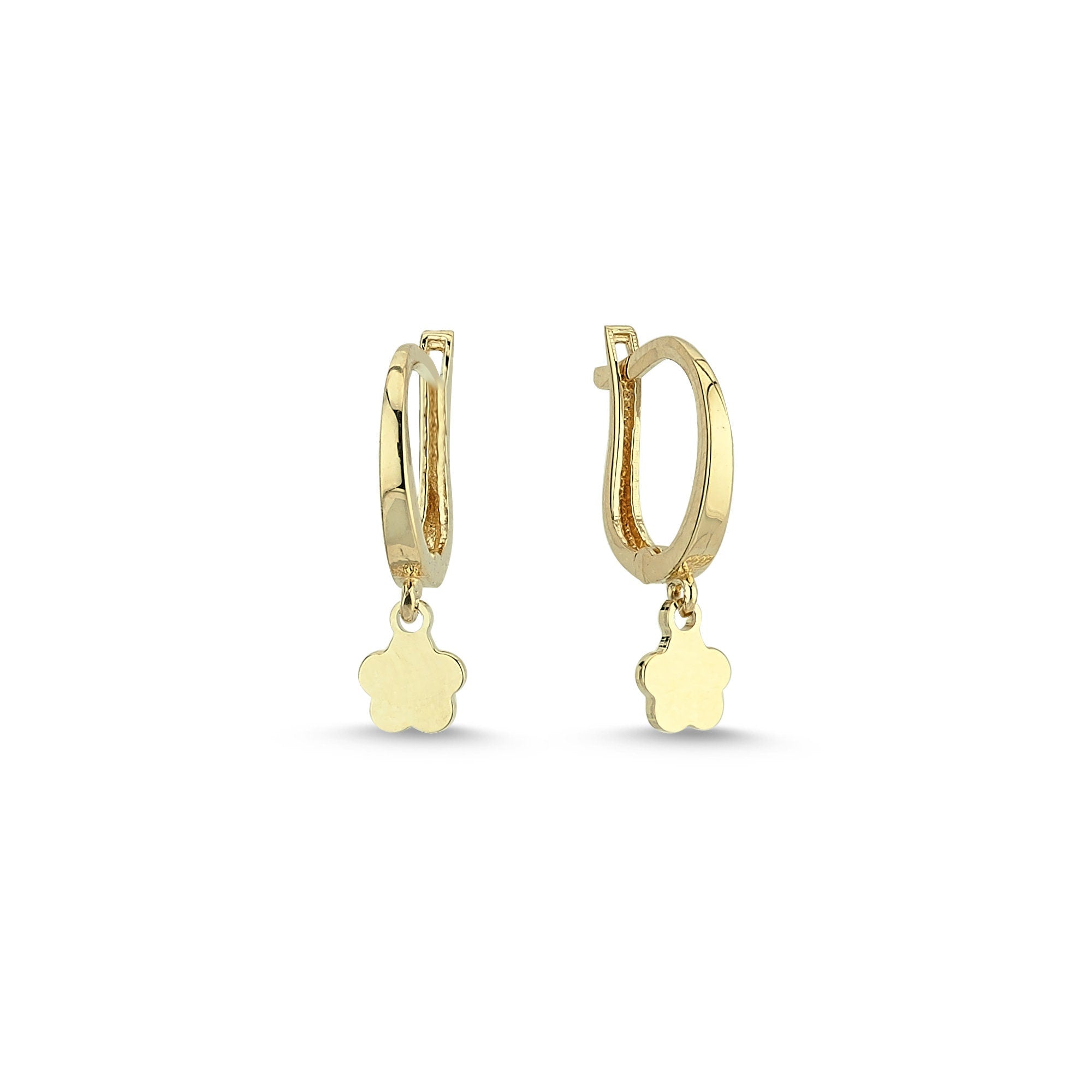 Tiny Dangle Shamrock Charm Earrings in Real 14k Gold