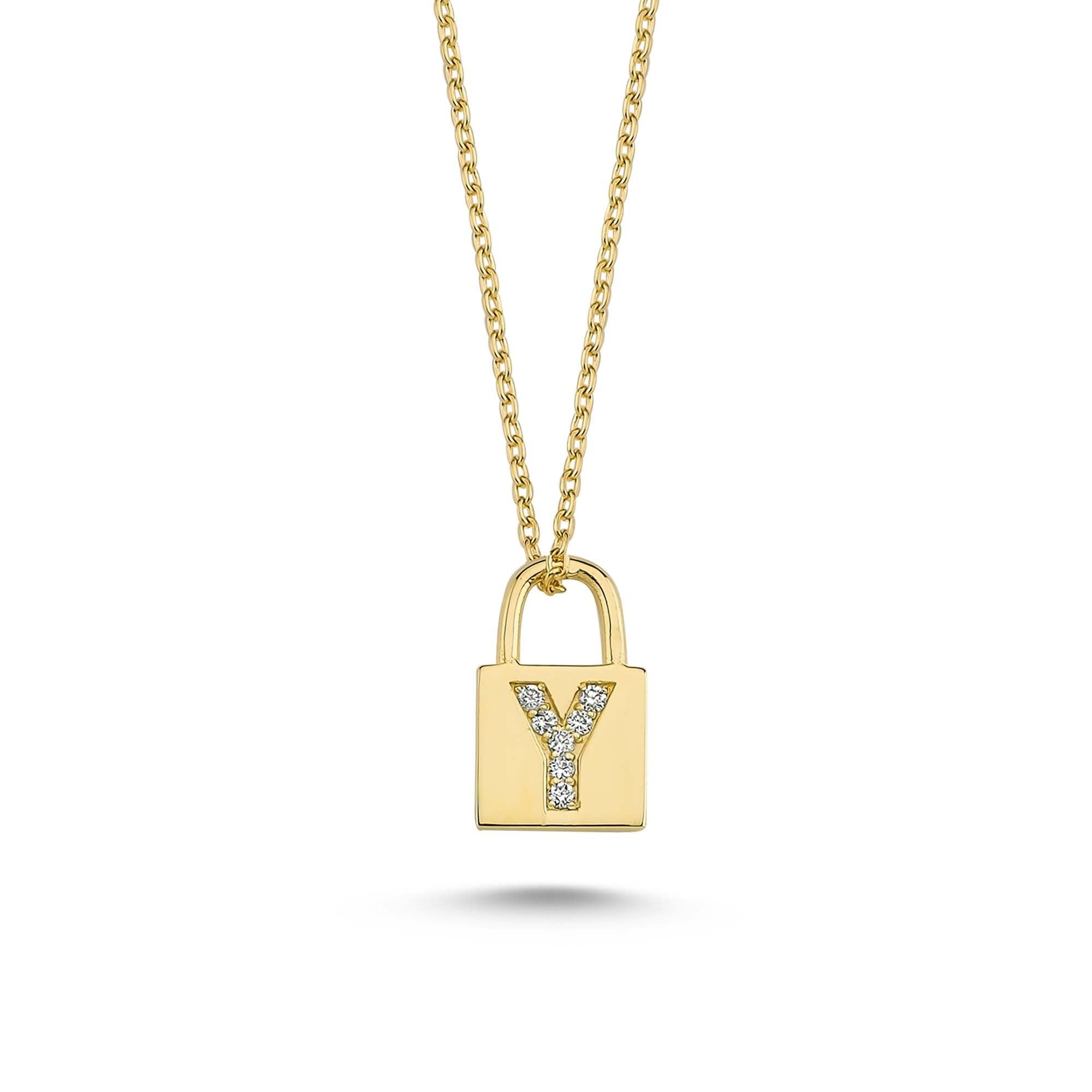 Tiny Diamond Padlock Necklace with Initial Y