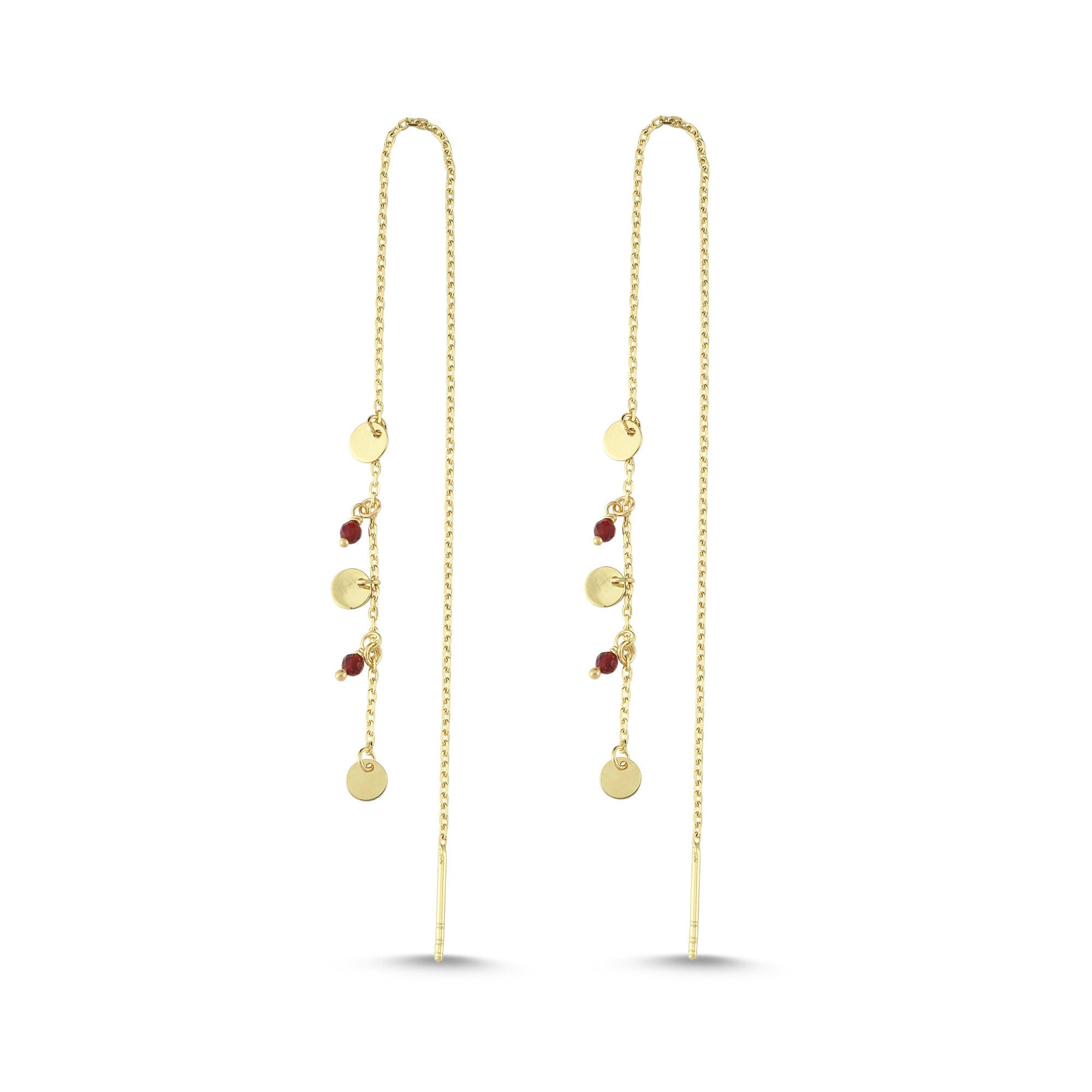 Tiny Disc Charm Threader Earrings with Ruby in Solid Gold