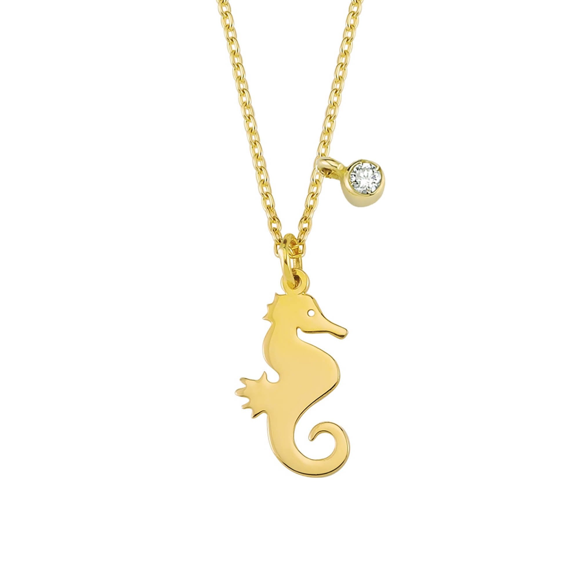 Tiny Gold Seahorse Charm Necklace with Single Diamond