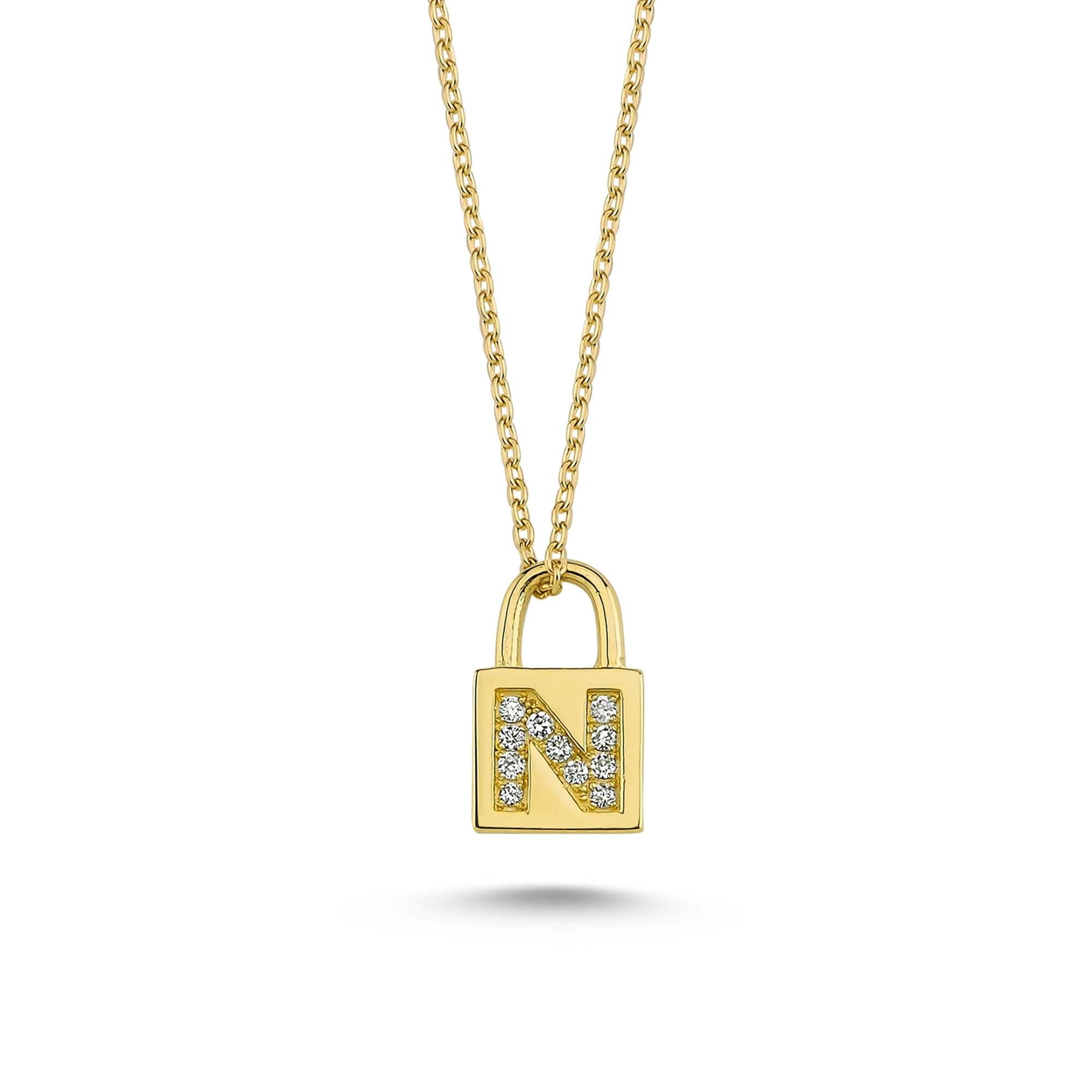 Tiny Padlock Charm Necklace with Diamond Letter N