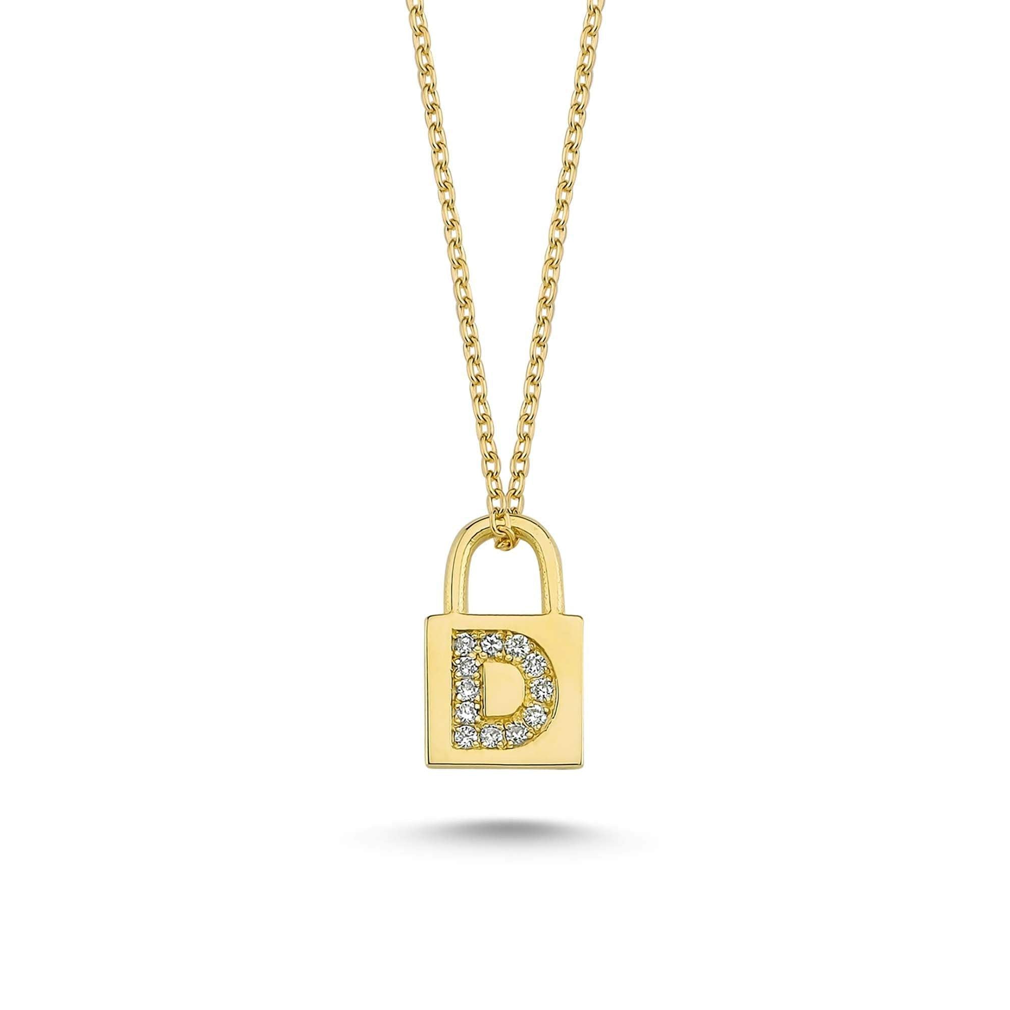 Tiny Padlock Letter D Charm Necklace with Diamond