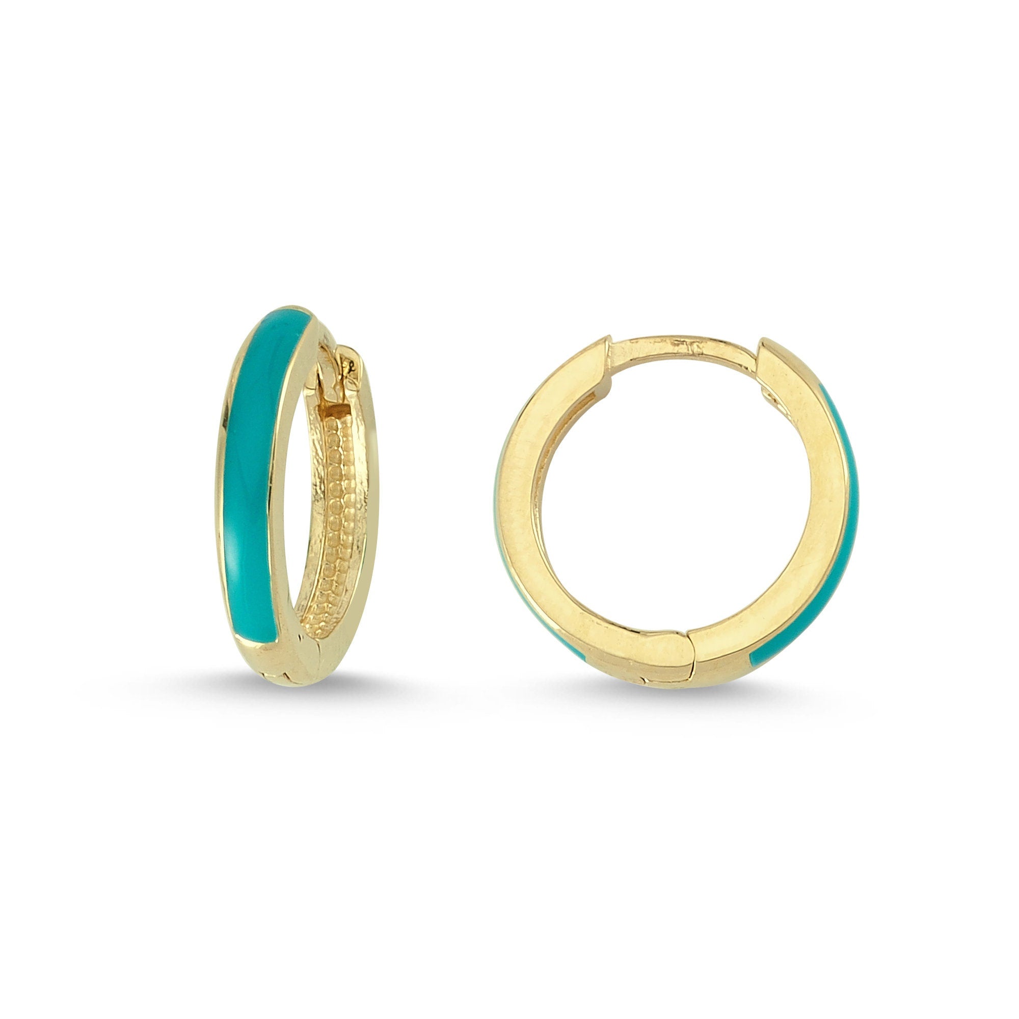 Turquoise Color Enamel Sleeper Hoop Earrings in Solid Gold