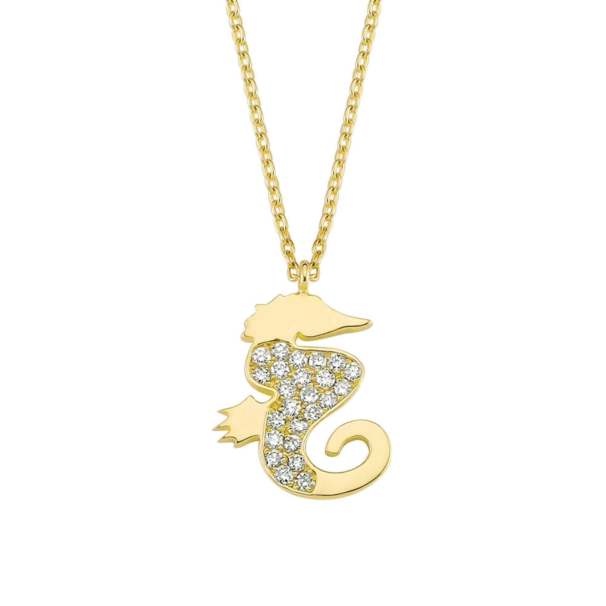 Unique Pave Diamond Seahorse Charm Necklace in Gold