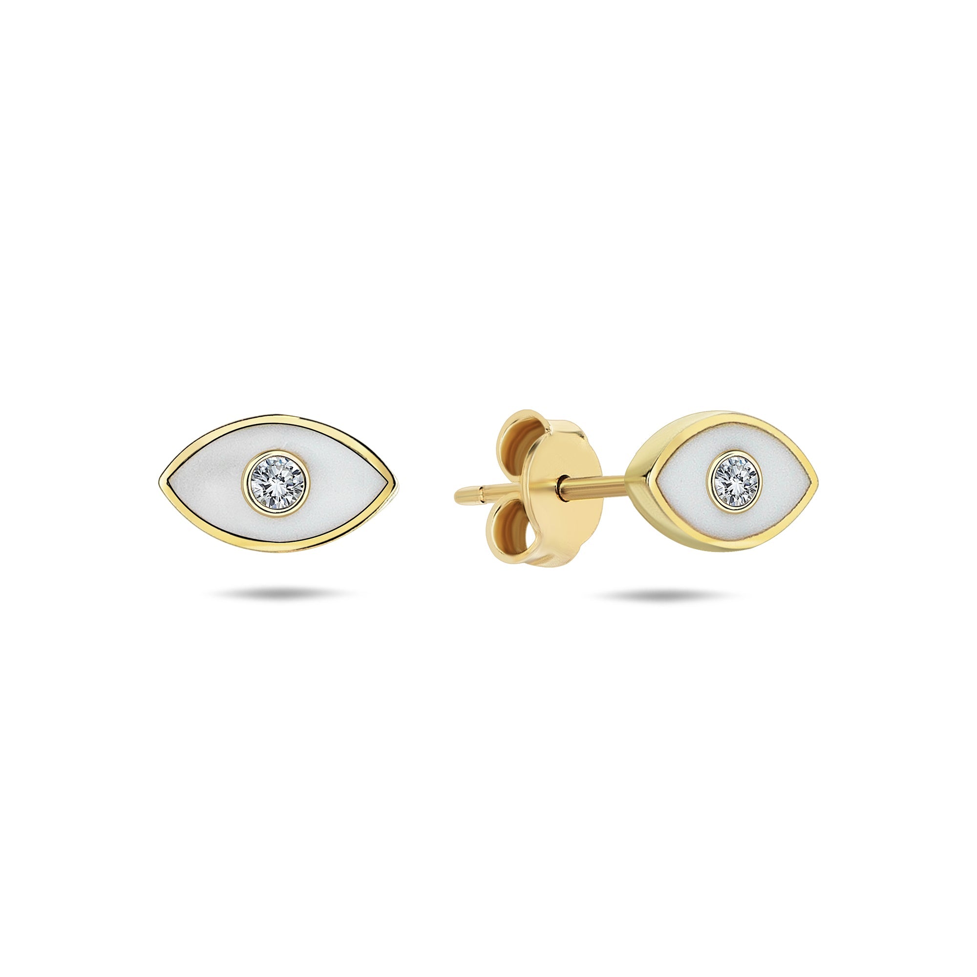 White Enamel Evil Eye Stud Earrings with Diamond