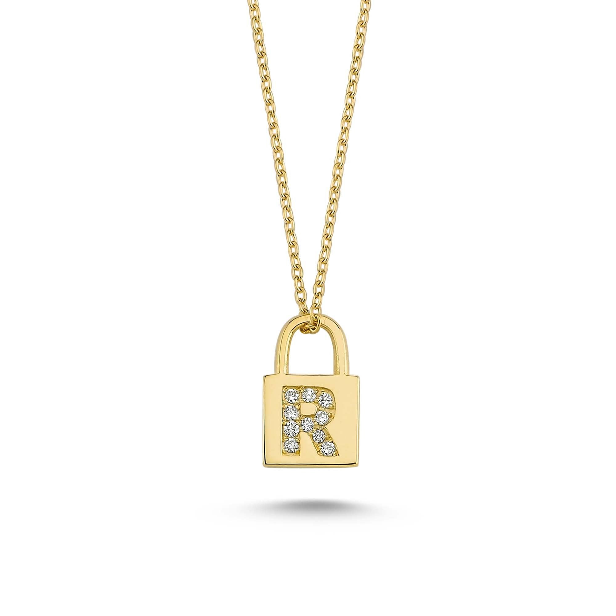 Womens Circle Charm Neklace with Diamond Letter R